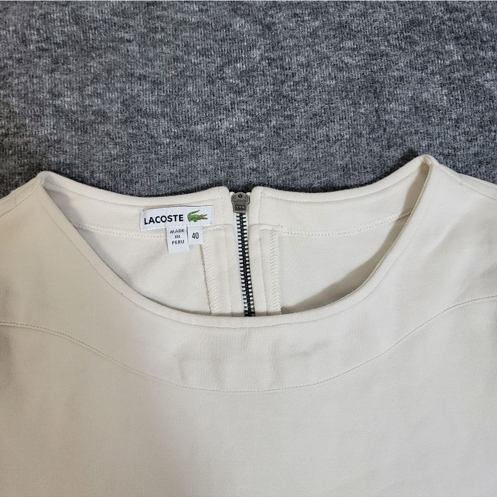 Lacoste Women’s Dress Size 40 M Cream Long Sleeve Shift Stretch Pleated Hem Logo - Picture 4 of 13